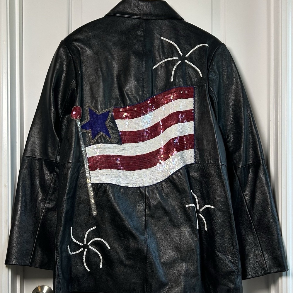 The Quacker Factory Vintage Genuine Leather Black Sequin American Flag Jacket